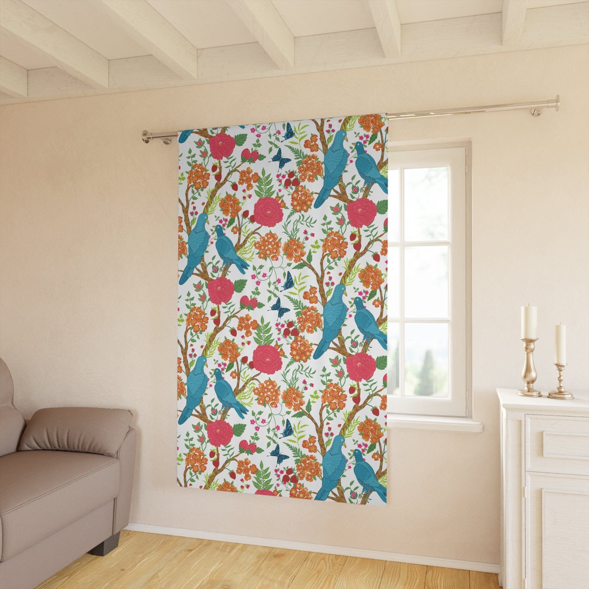 Kate McEnroe New York Chinoiserie Floral and Exotic Bird Botanical Garden Curtains in Pink, Green, Orange and Blue by Kate McEnroe New York - KM13809923Window CurtainsW3S - CHI - MON - SH1