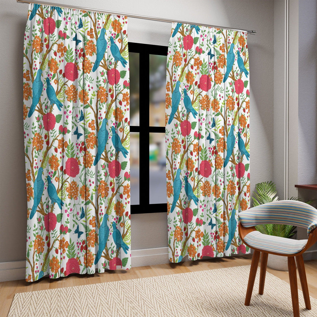 Kate McEnroe New York Chinoiserie Floral and Exotic Bird Botanical Garden Curtains in Pink, Green, Orange and Blue by Kate McEnroe New York - KM13809923Window CurtainsW3S - CHI - MON - SH1