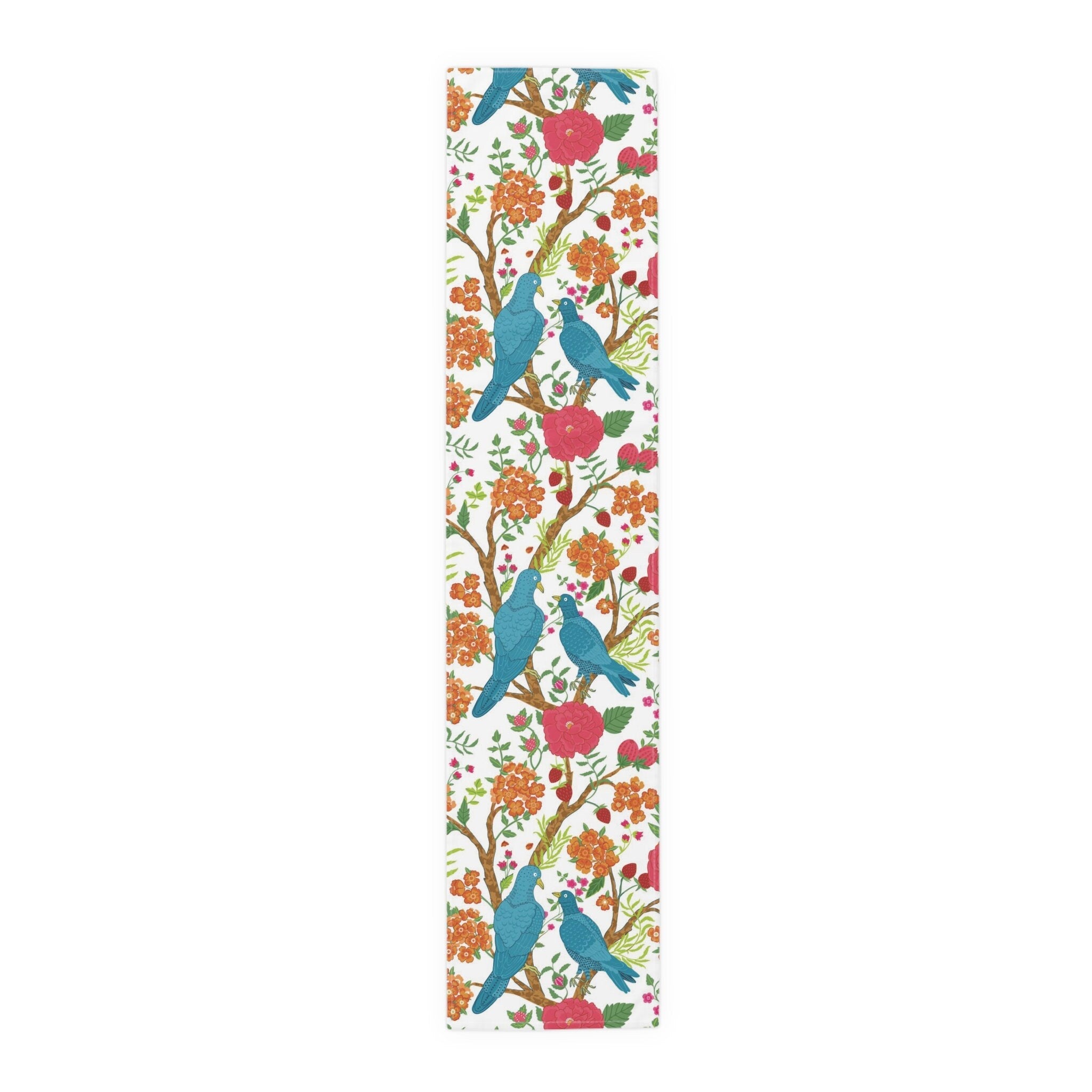 Kate McEnroe New York Chinoiserie Floral and Exotic Bird Botanical Toile Table Runner in Pink, Green, Orange and Blue by Kate McEnroe New York - KM13809927Table Runners26225769617507245130