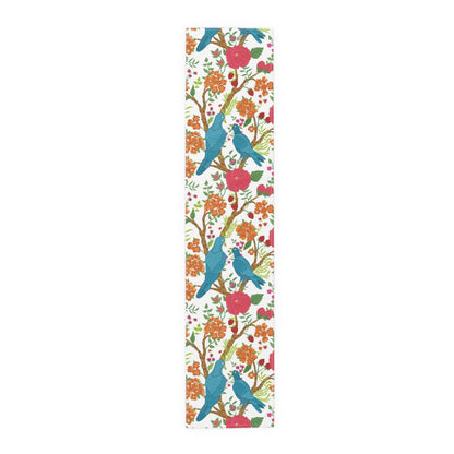 Kate McEnroe New York Chinoiserie Floral and Exotic Bird Botanical Toile Table Runner in Pink, Green, Orange and Blue by Kate McEnroe New York - KM13809927Table Runners26225769617507245130