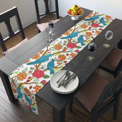 Kate McEnroe New York Chinoiserie Floral and Exotic Bird Botanical Toile Table Runner in Pink, Green, Orange and Blue by Kate McEnroe New York - KM13809927Table Runners26225769617507245130