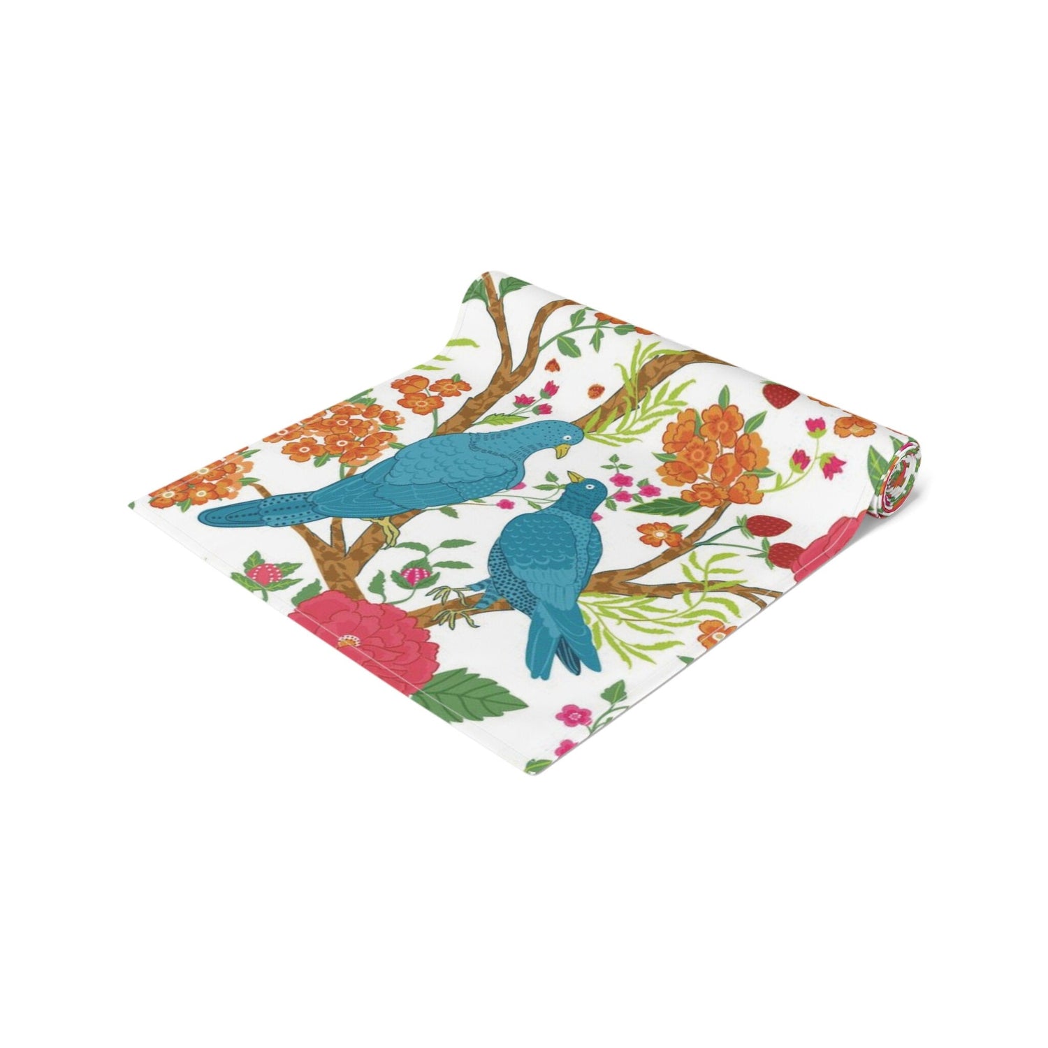 Kate McEnroe New York Chinoiserie Floral and Exotic Bird Botanical Toile Table Runner in Pink, Green, Orange and Blue by Kate McEnroe New York - KM13809927Table Runners26225769617507245130