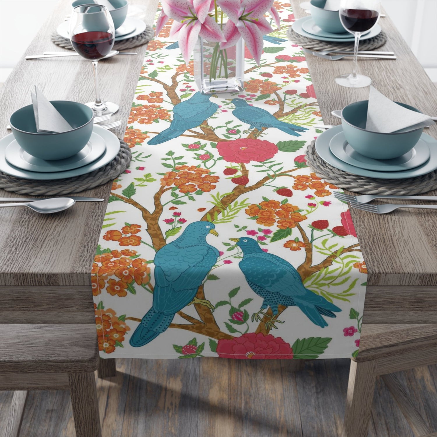 Kate McEnroe New York Chinoiserie Floral and Exotic Bird Botanical Toile Table Runner in Pink, Green, Orange and Blue by Kate McEnroe New York - KM13809927Table Runners26225769617507245130
