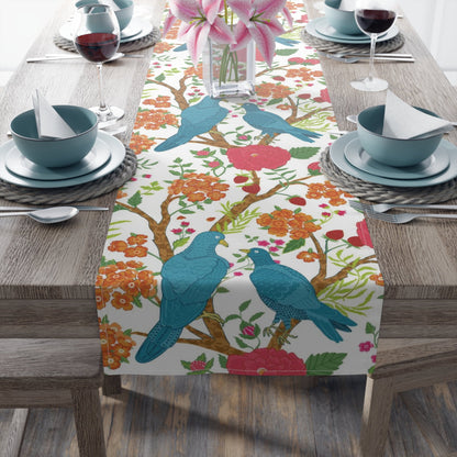 Kate McEnroe New York Chinoiserie Floral and Exotic Bird Botanical Toile Table Runner in Pink, Green, Orange and Blue by Kate McEnroe New York - KM13809927Table Runners26225769617507245130