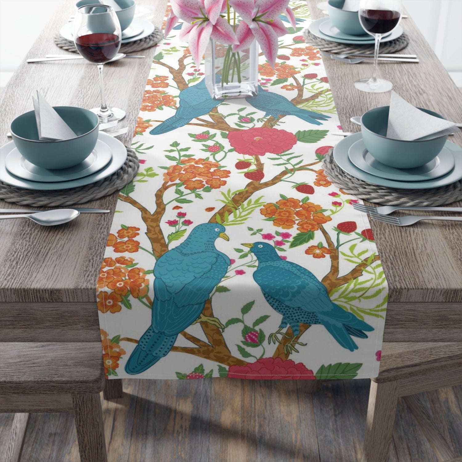 Kate McEnroe New York Chinoiserie Floral and Exotic Bird Botanical Toile Table Runner in Pink, Green, Orange and Blue by Kate McEnroe New York - KM13809927Table Runners26225769617507245130