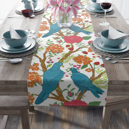 Kate McEnroe New York Chinoiserie Floral and Exotic Bird Botanical Toile Table Runner in Pink, Green, Orange and Blue by Kate McEnroe New York - KM13809927Table Runners26225769617507245130