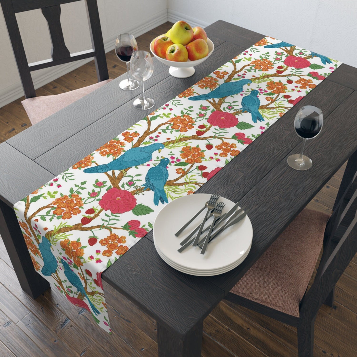 Kate McEnroe New York Chinoiserie Floral and Exotic Bird Botanical Toile Table Runner in Pink, Green, Orange and Blue by Kate McEnroe New York - KM13809927Table Runners26225769617507245130