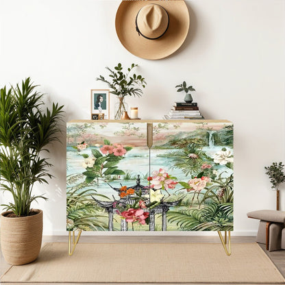 Kate McEnroe New York Chinoiserie Floral Landscape Sideboard, Vintage Asian Inspired Storage Cabinet, Elegant Botanical AccentStorage Cabinets4dZkyS9RQc