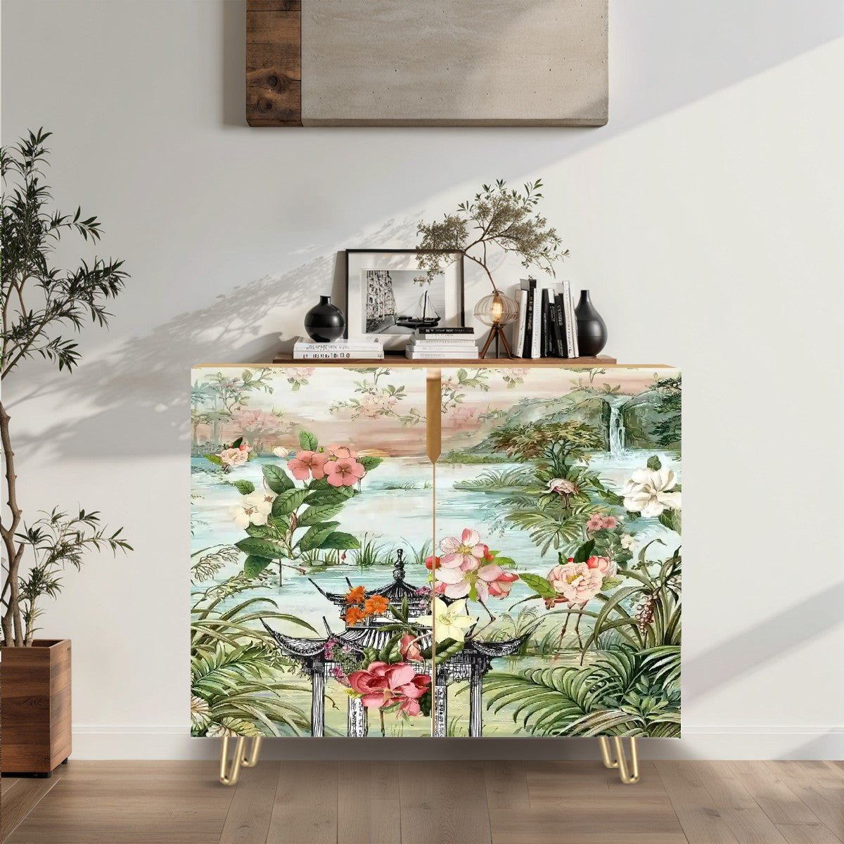 Kate McEnroe New York Chinoiserie Floral Landscape Sideboard, Vintage Asian Inspired Storage Cabinet, Elegant Botanical AccentStorage Cabinets4dZkyS9RQc