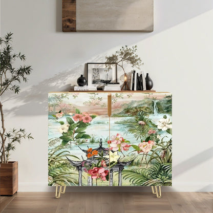 Kate McEnroe New York Chinoiserie Floral Landscape Sideboard, Vintage Asian Inspired Storage Cabinet, Elegant Botanical AccentStorage Cabinets4dZkyS9RQc