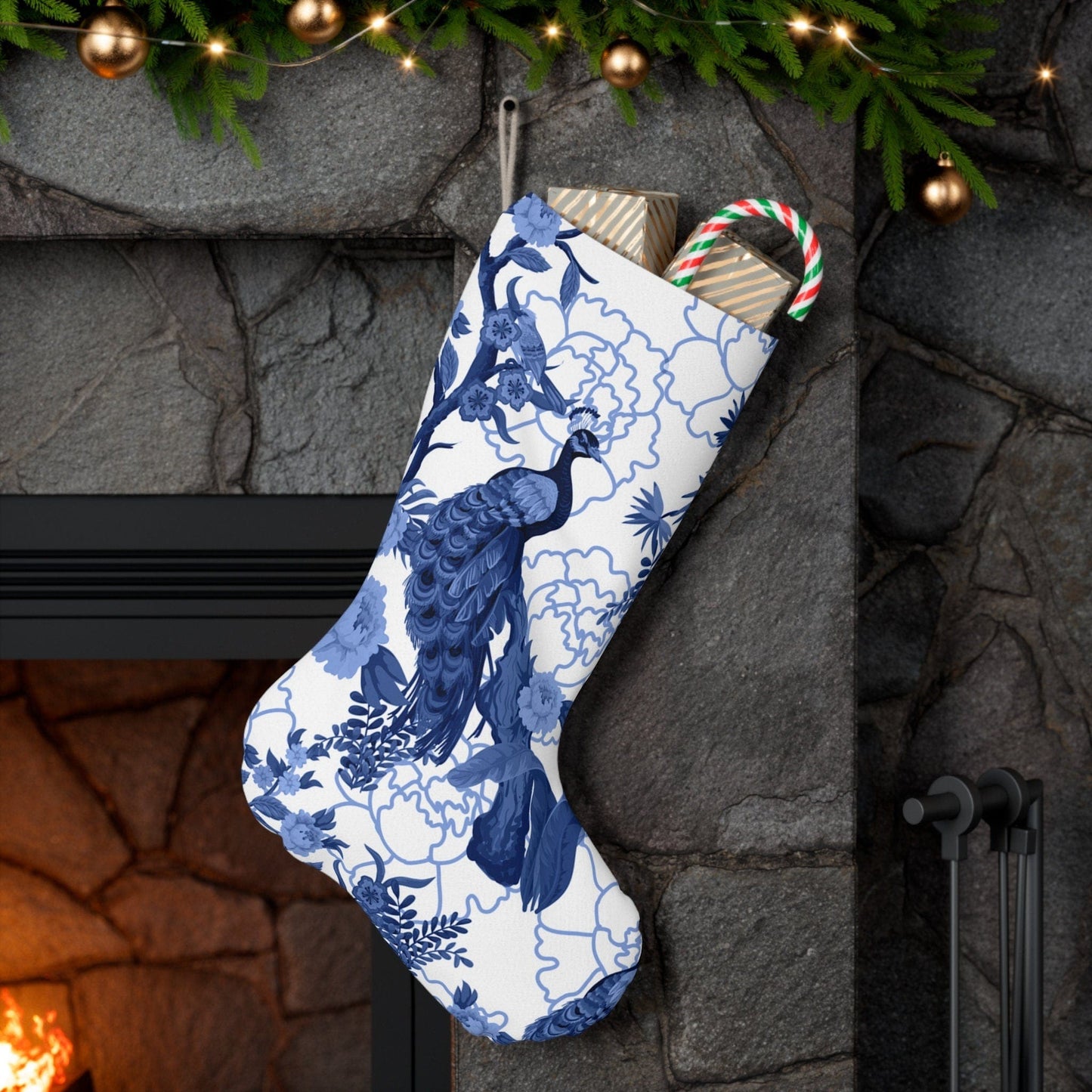 Kate McEnroe New York Chinoiserie Floral Peacock Holiday Stockings, Blue and White Botanical Toile Jungle Motifs Christmas Mantle Decoration Holiday Stockings 15899367389009277432