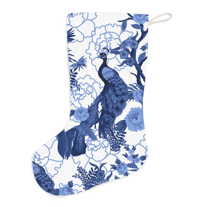 Kate McEnroe New York Chinoiserie Floral Peacock Holiday Stockings, Blue and White Botanical Toile Jungle Motifs Christmas Mantle Decoration Holiday Stockings 15899367389009277432