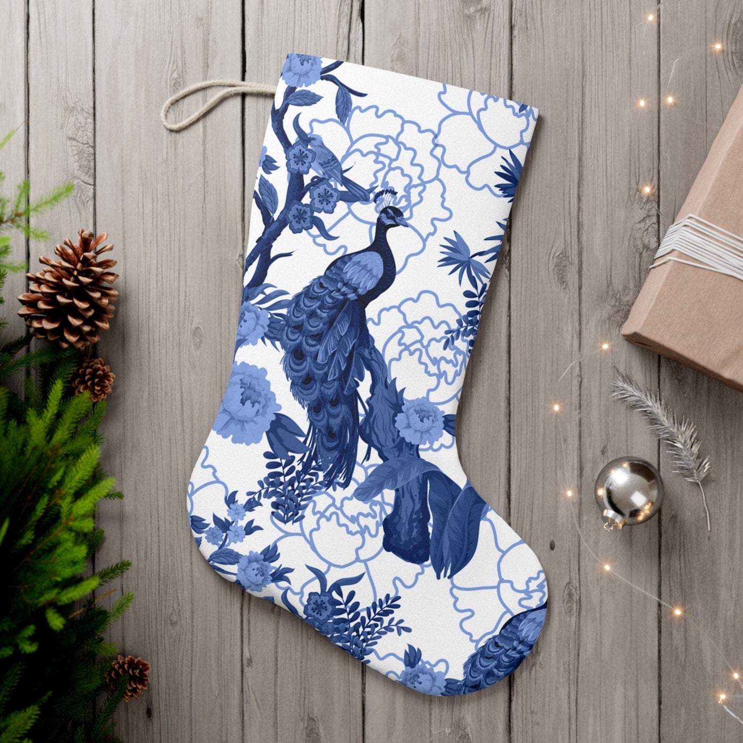 Kate McEnroe New York Chinoiserie Floral Peacock Holiday Stockings, Blue and White Botanical Toile Jungle Motifs Christmas Mantle DecorationHoliday Stockings15899367389009277432