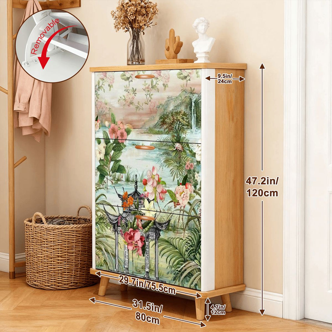 Kate McEnroe New York Chinoiserie Floral Shoe Cabinet, Oriental Botanical Mudroom Organizer, Entryway Storage UnitShoe StorageXtNN3DRq0G
