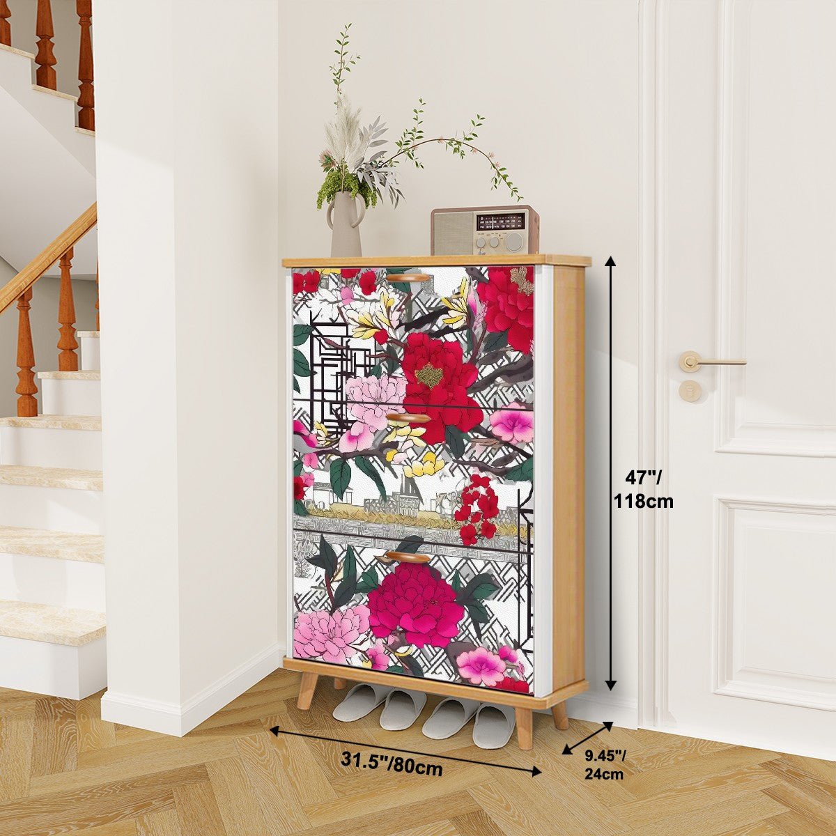Kate McEnroe New York Chinoiserie Floral Shoe Cabinet, Peony Blossoms Storage, Asian Style Entryway AccentShoe StorageB2zSYpBowl