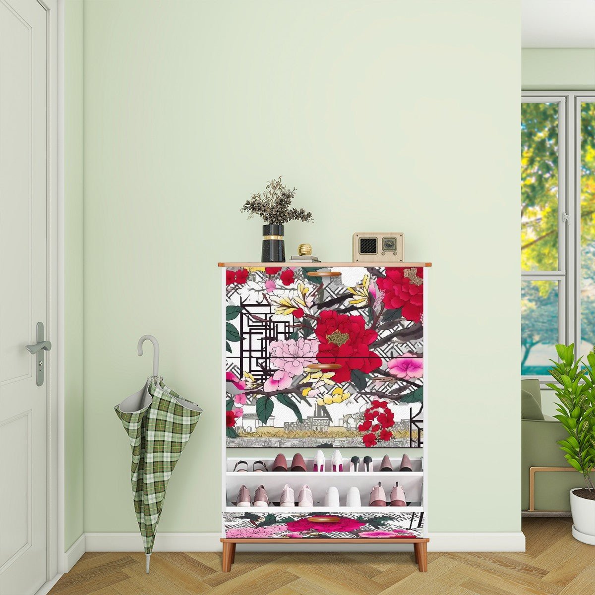Kate McEnroe New York Chinoiserie Floral Shoe Cabinet, Peony Blossoms Storage, Asian Style Entryway AccentShoe StorageB2zSYpBowl