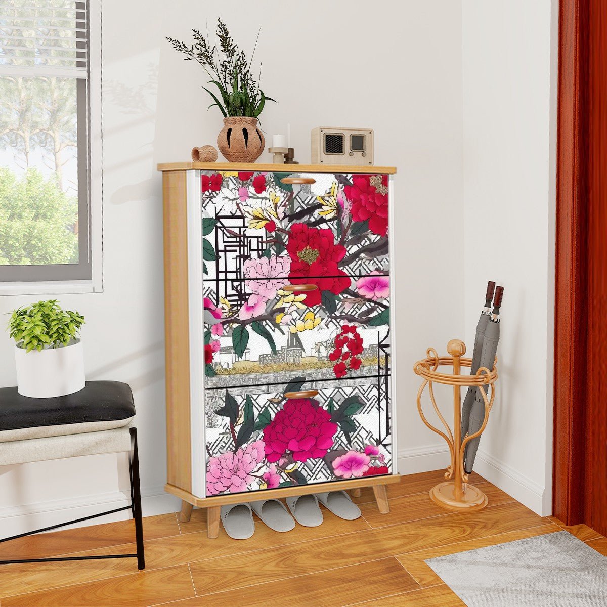 Kate McEnroe New York Chinoiserie Floral Shoe Cabinet, Peony Blossoms Storage, Asian Style Entryway AccentShoe StorageB2zSYpBowl
