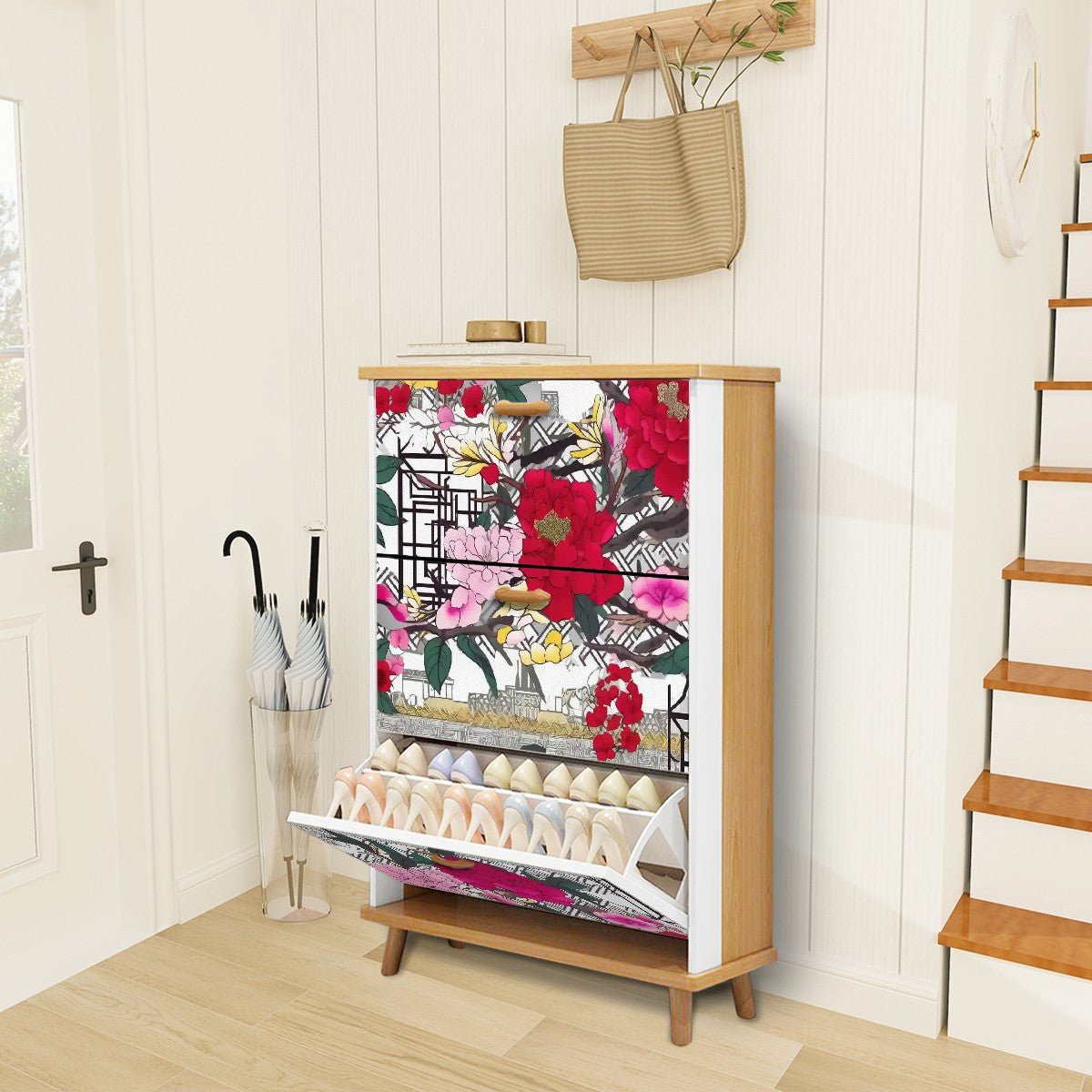 Kate McEnroe New York Chinoiserie Floral Shoe Cabinet, Peony Blossoms Storage, Asian Style Entryway AccentShoe StorageB2zSYpBowl