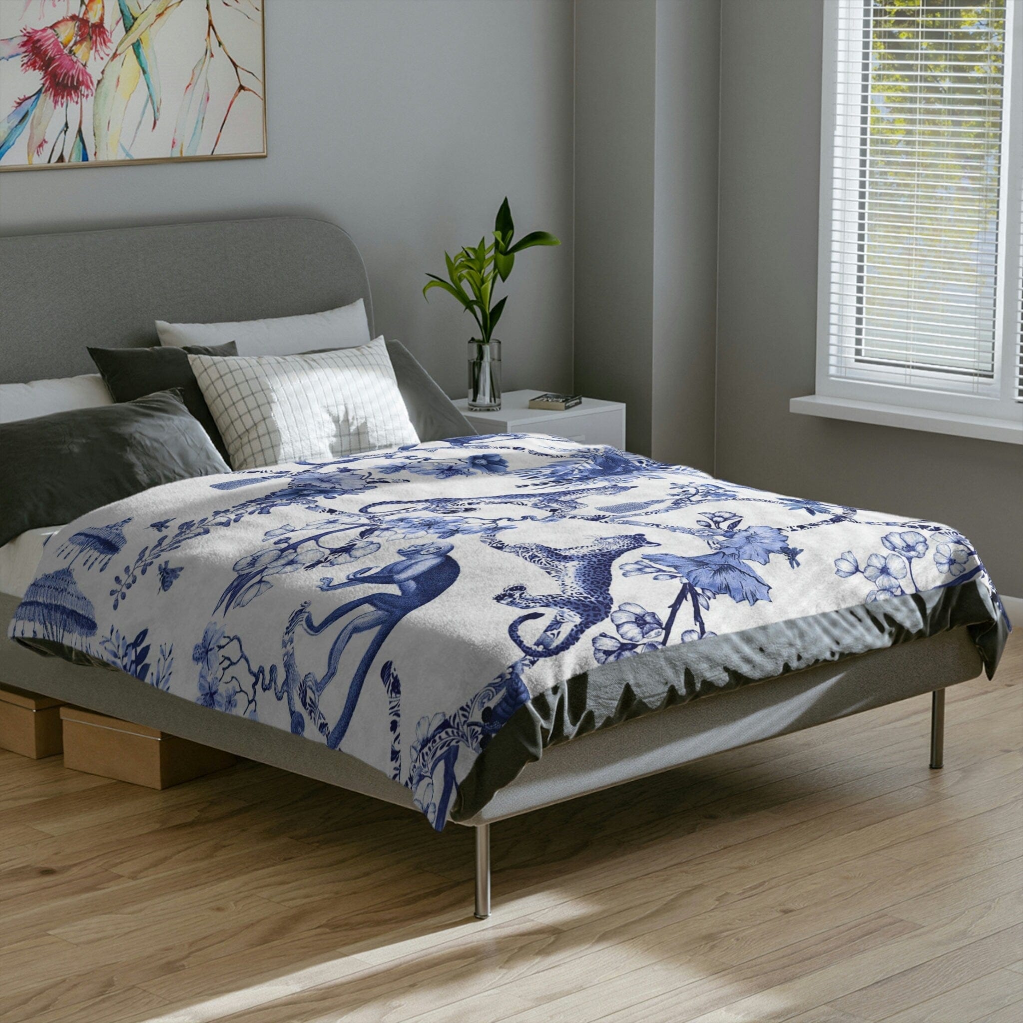 Kate McEnroe New York Chinoiserie Grandmilenial Botanical Toile Throw Blanket, Floral Blue and White Chinoiserie Jungle Velveteen Minky Blanket, Maximalist DecorBlanketsB20 - CHI - JUN - 4X3