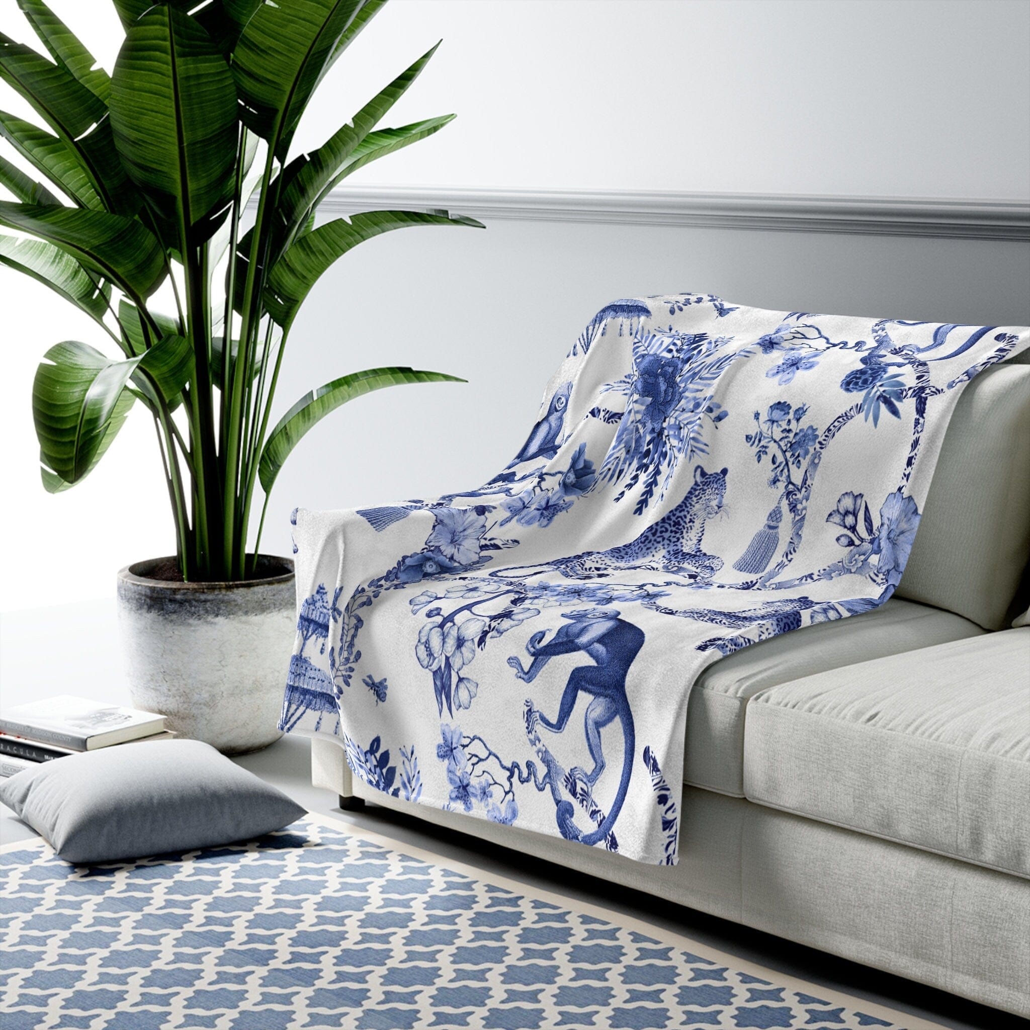 Kate McEnroe New York Chinoiserie Grandmilenial Botanical Toile Throw Blanket, Floral Blue and White Chinoiserie Jungle Velveteen Minky Blanket, Maximalist DecorBlanketsB20 - CHI - JUN - 4X3