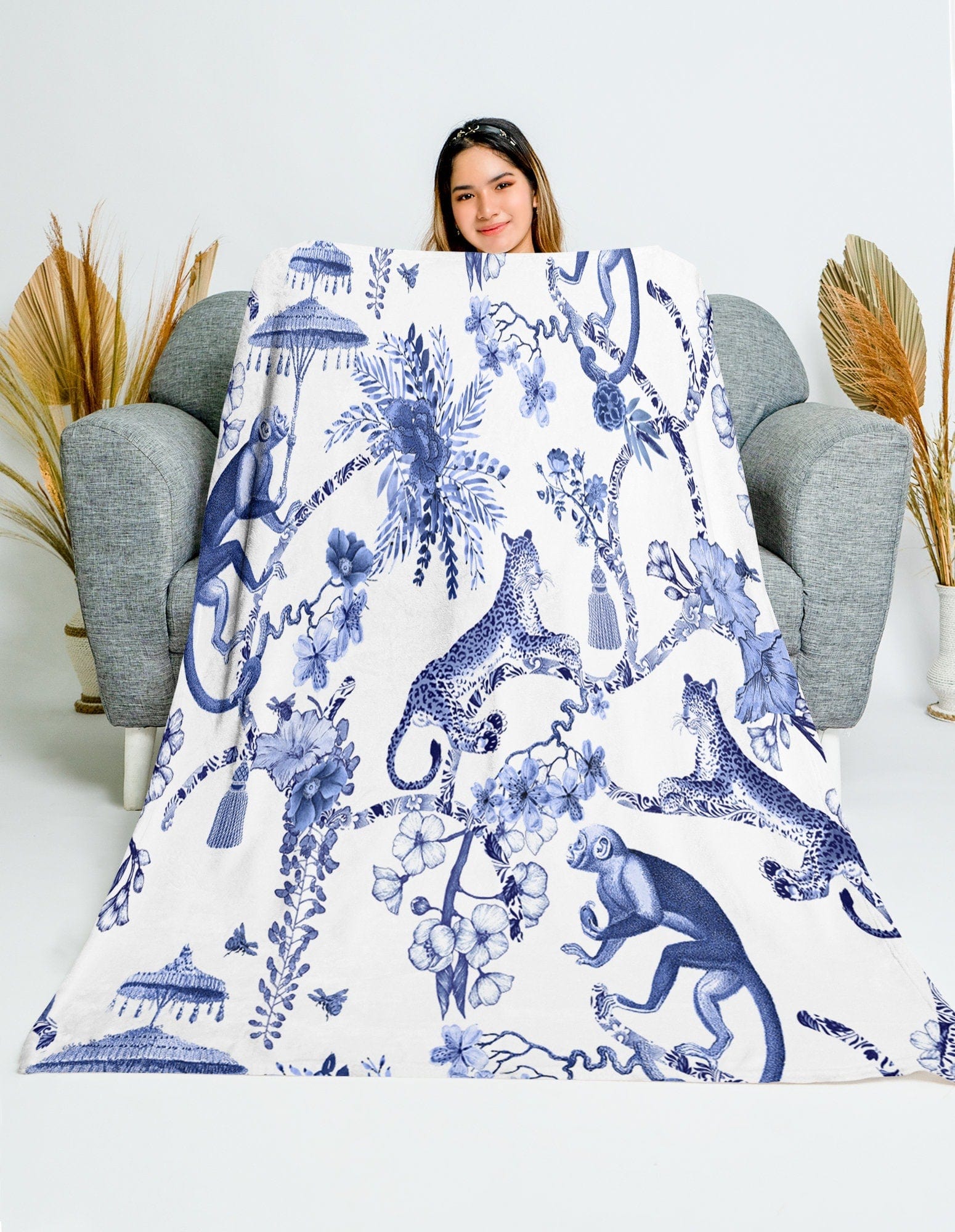 Kate McEnroe New York Chinoiserie Grandmilenial Botanical Toile Throw Blanket, Floral Blue and White Chinoiserie Jungle Velveteen Minky Blanket, Maximalist DecorBlanketsB20 - CHI - JUN - 4X3