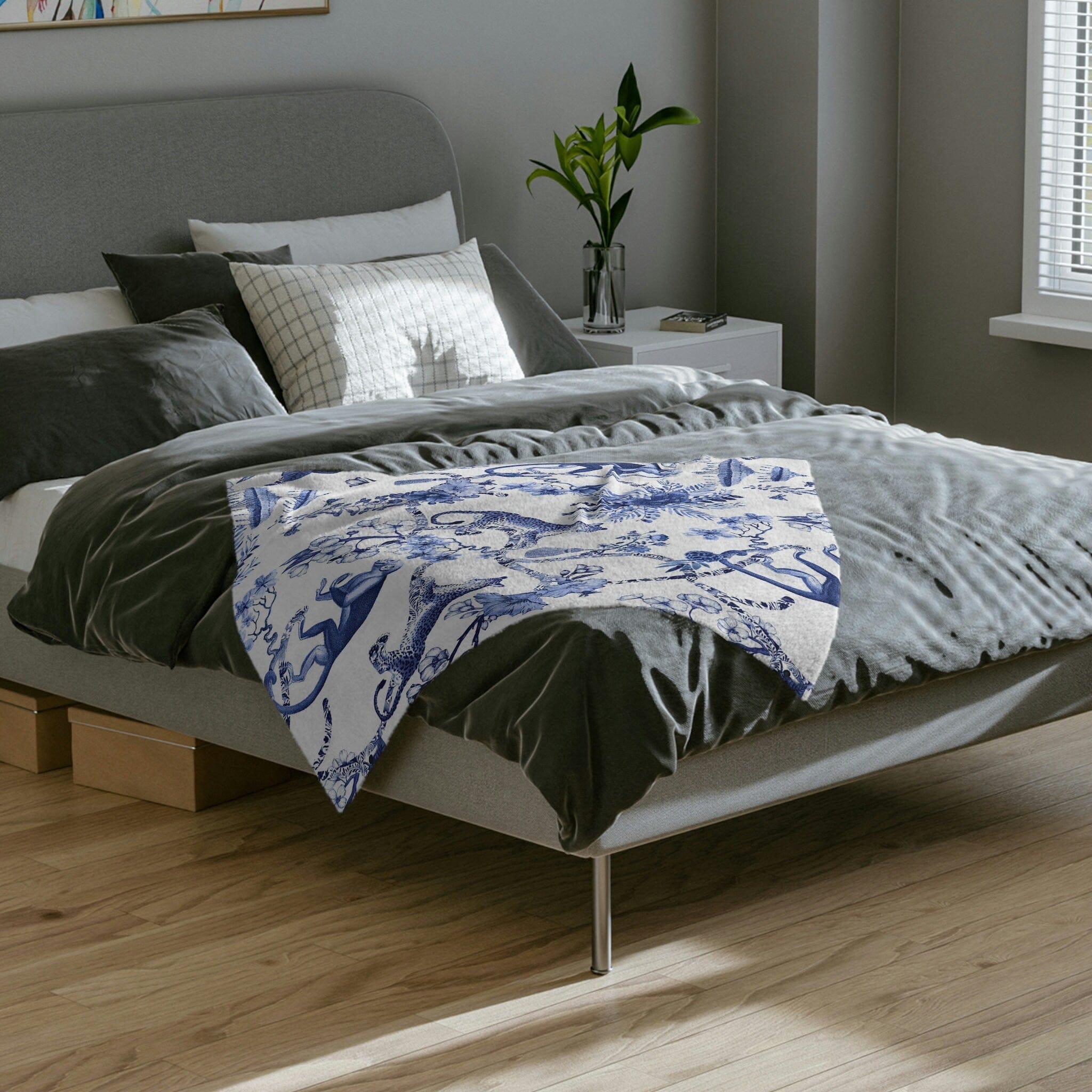 Kate McEnroe New York Chinoiserie Grandmilenial Botanical Toile Throw Blanket, Floral Blue and White Chinoiserie Jungle Velveteen Minky Blanket, Maximalist DecorBlanketsB20 - CHI - JUN - 4X3