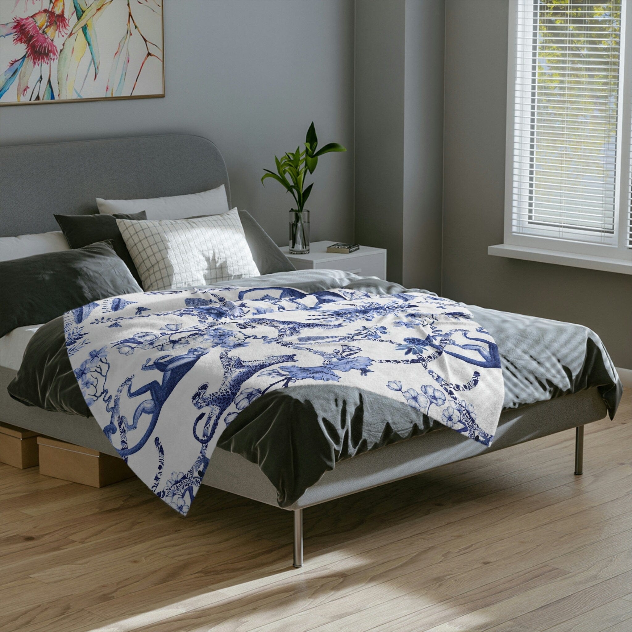Kate McEnroe New York Chinoiserie Grandmilenial Botanical Toile Throw Blanket, Floral Blue and White Chinoiserie Jungle Velveteen Minky Blanket, Maximalist DecorBlanketsB20 - CHI - JUN - 4X3