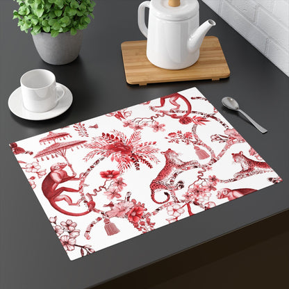 Kate McEnroe New York Chinoiserie Jungle Botanical Toile Placemats, Red, White Chinoiserie Floral Table Linens , Country Farmhouse Dining Table Decor - 131582623 Placemats 24821429030747504889