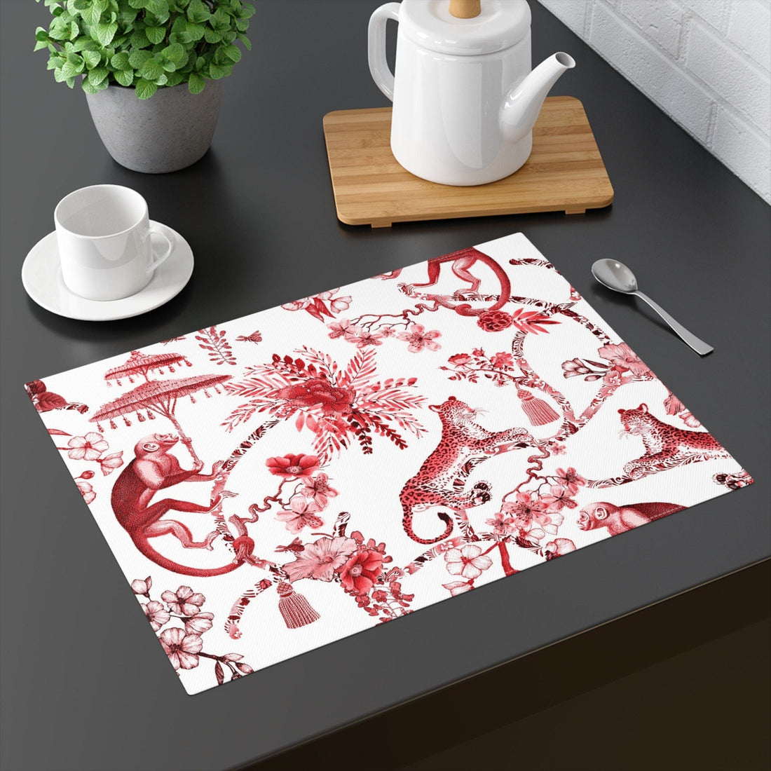 Kate McEnroe New York Chinoiserie Jungle Botanical Toile Placemats, Red, White Chinoiserie Floral Table Linens , Country Farmhouse Dining Table Decor - 131582623Placemats24821429030747504889