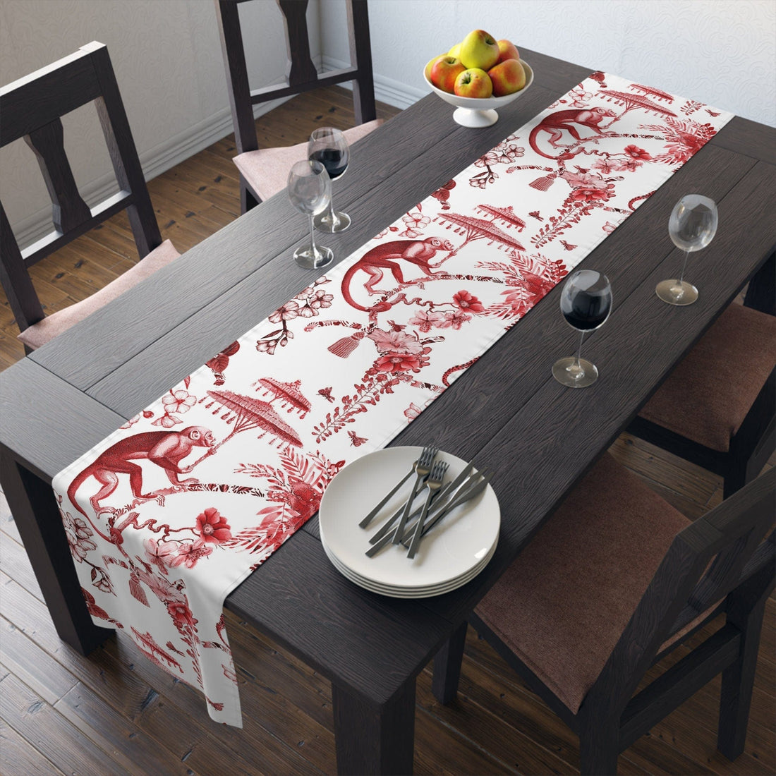 Kate McEnroe New York Chinoiserie Jungle Botanical Toile Table Runner, Red, White Chinoiserie Floral Table Linens , Country Farmhouse Table Decor - 131782623Table Runners24339001434271510791