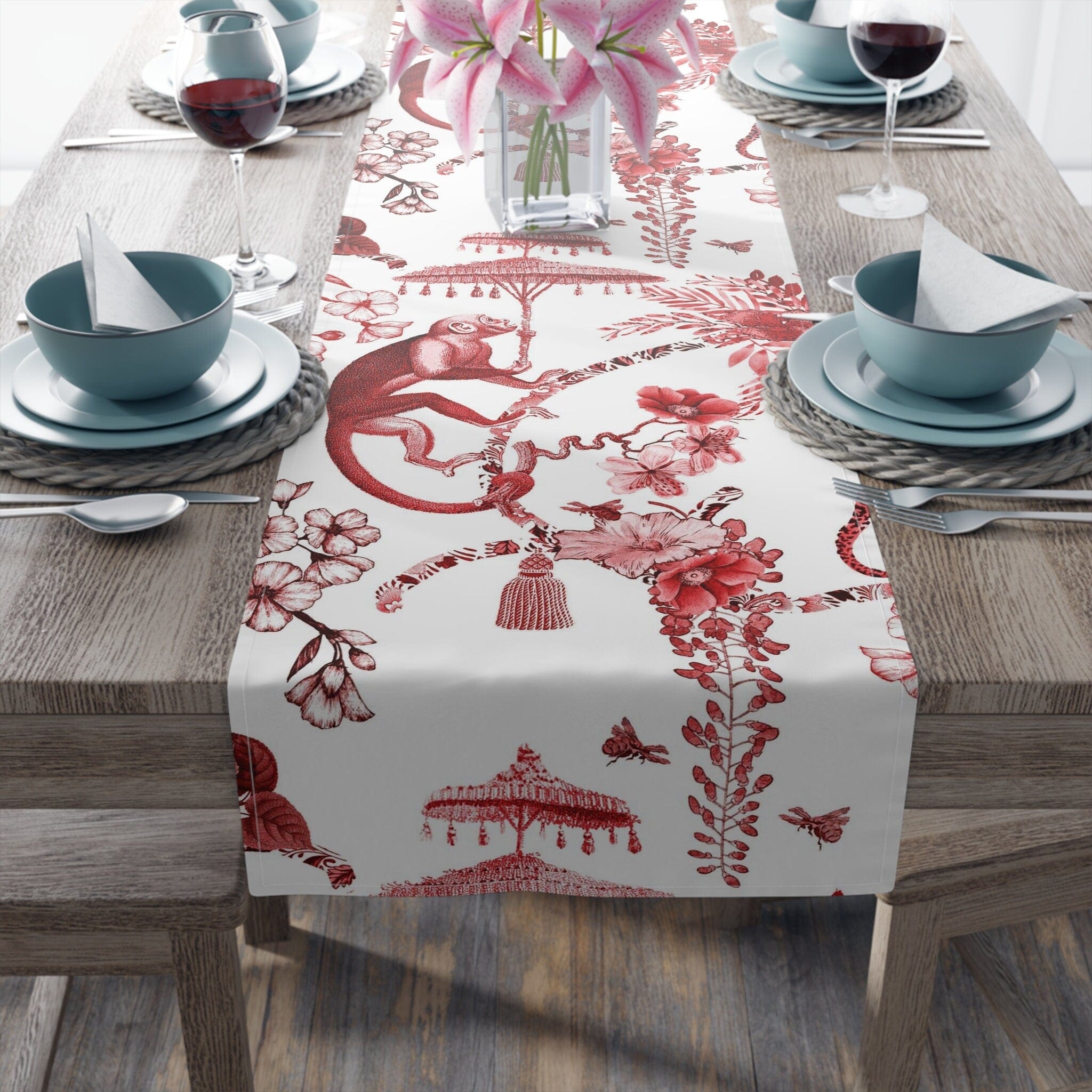 Kate McEnroe New York Chinoiserie Jungle Botanical Toile Table Runner, Red, White Chinoiserie Floral Table Linens , Country Farmhouse Table Decor - 131782623Table Runners24339001434271510791