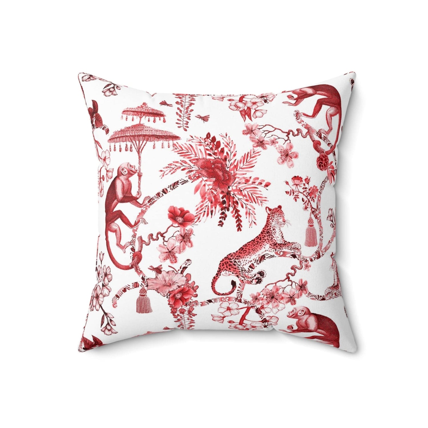 Chinoiserie Jungle Botanical Toile Throw Pillow, Red, White