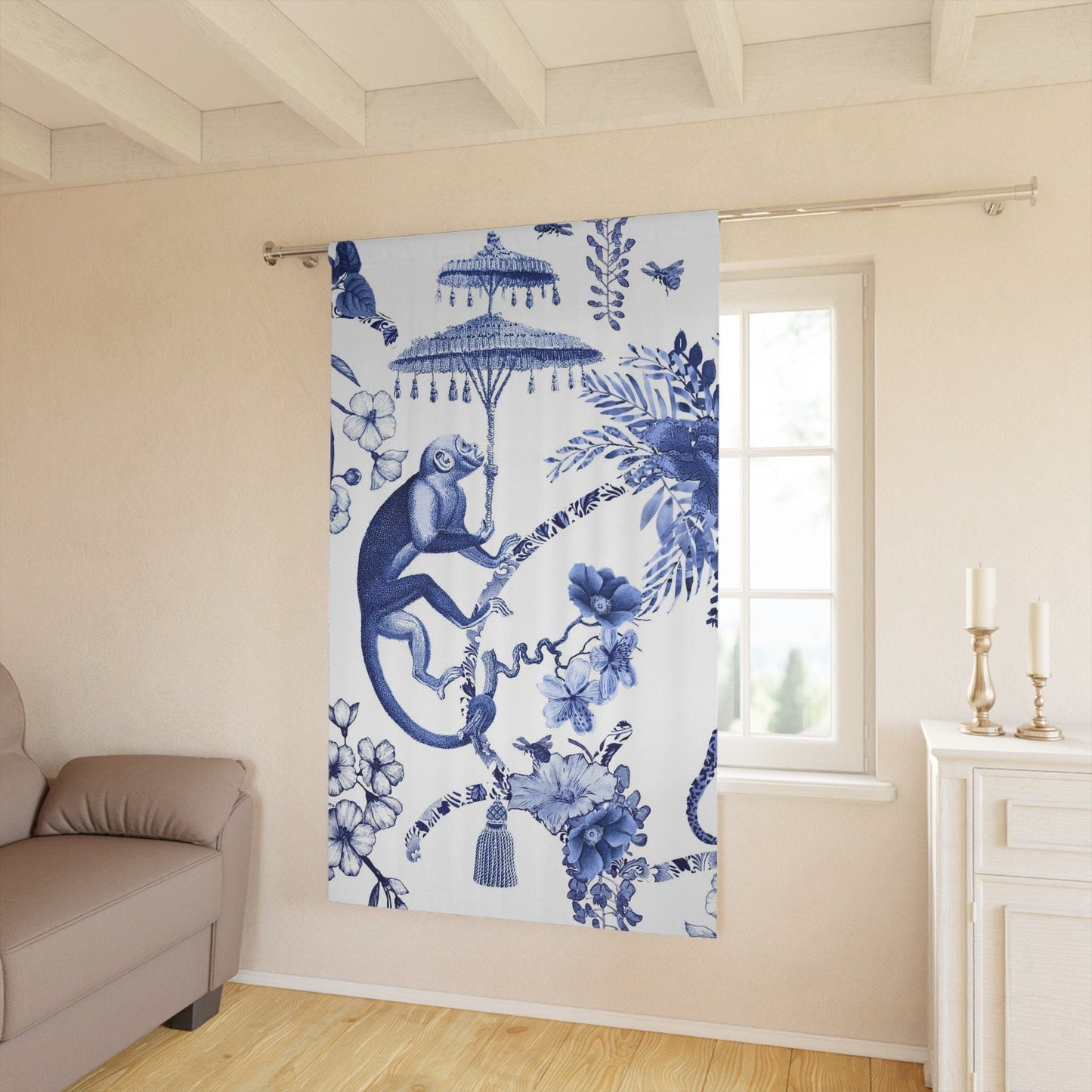 Kate McEnroe New York Chinoiserie Jungle Botanical Toile Window Curtains, Blue, White Chinoiserie Floral Curtain Panels, Country Farmhouse Decor - 122581123 Window Curtains