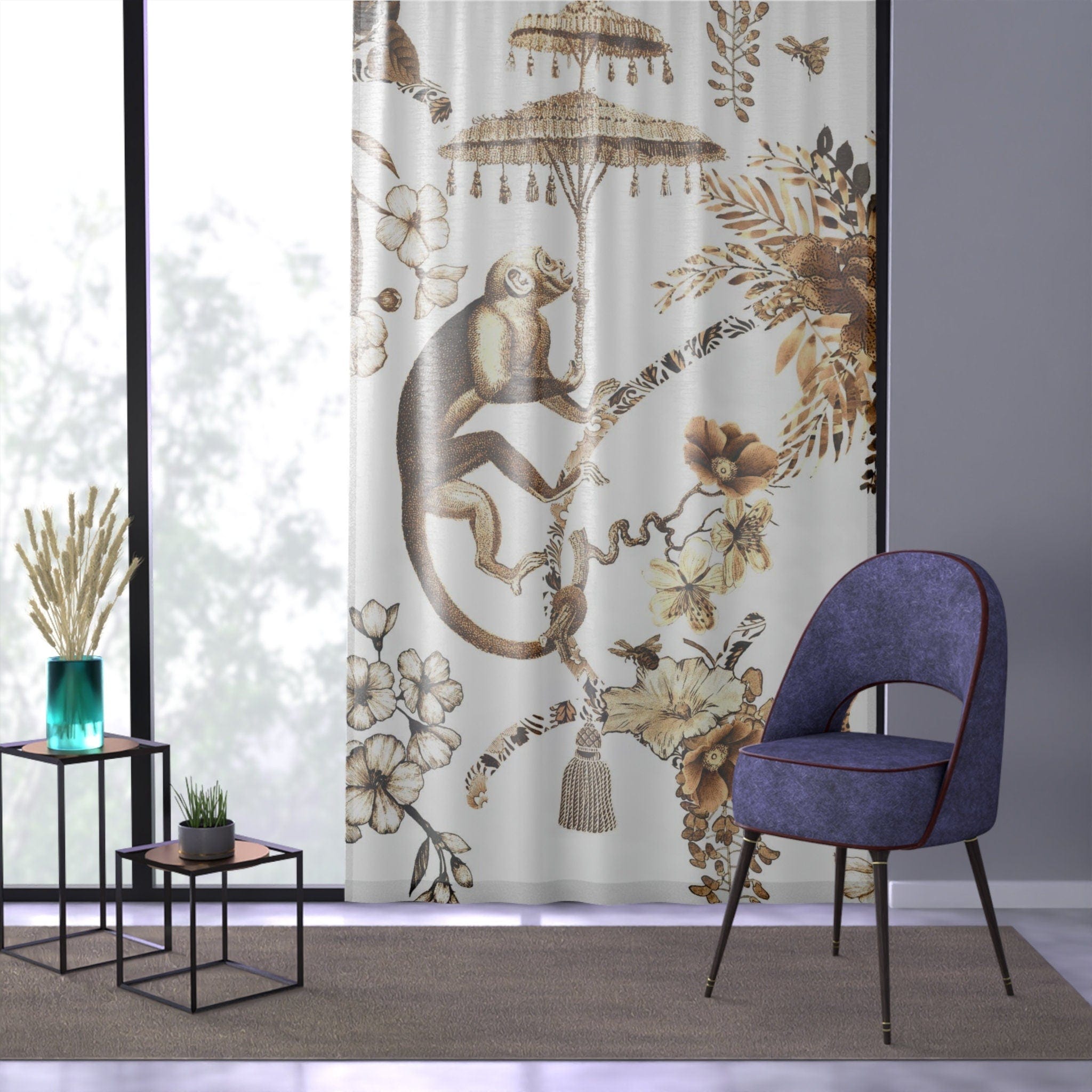 Kate McEnroe New York Chinoiserie Jungle Botanical Toile Window Curtains, Brown, White Chinoiserie Floral Curtain Panels, Country Farmhouse Decor - 122681123 Window Curtains