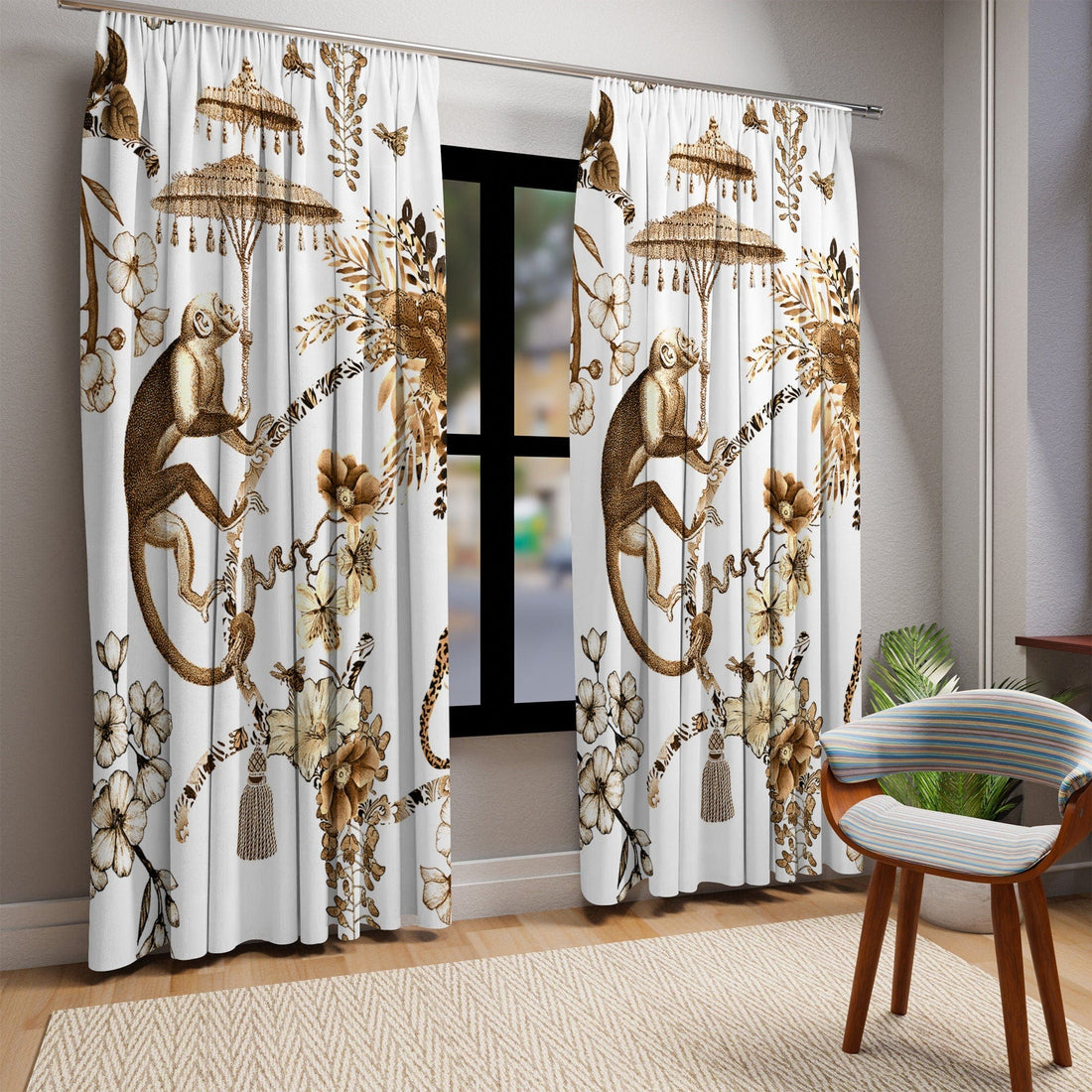 Kate McEnroe New York Chinoiserie Jungle Botanical Toile Window Curtains, Brown, White Chinoiserie Floral Curtain Panels, Country Farmhouse Decor - 122681123Window CurtainsW3D - MON - OBN - SH5