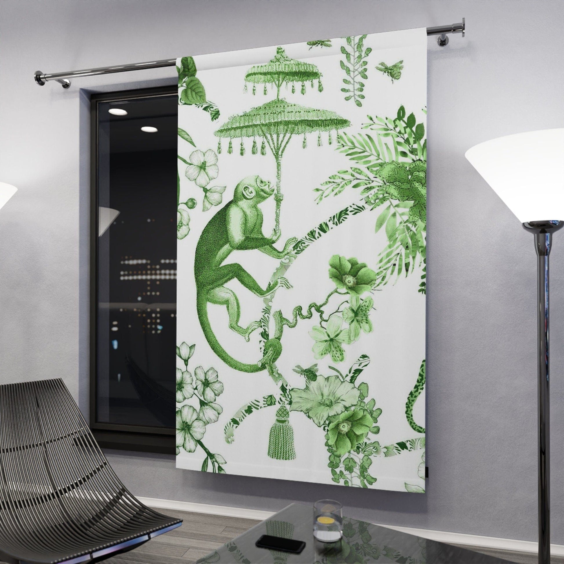 Kate McEnroe New York Chinoiserie Jungle Botanical Toile Window Curtains, Green, White Chinoiserie Floral Curtain Panels, Country Farmhouse Decor - 122481123 Window Curtains