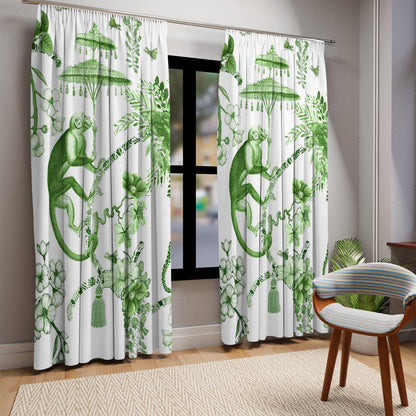 Kate McEnroe New York Chinoiserie Jungle Botanical Toile Window Curtains, Green, White Chinoiserie Floral Curtain Panels, Country Farmhouse Decor - 122481123Window CurtainsW3D - MON - OYG - SH3