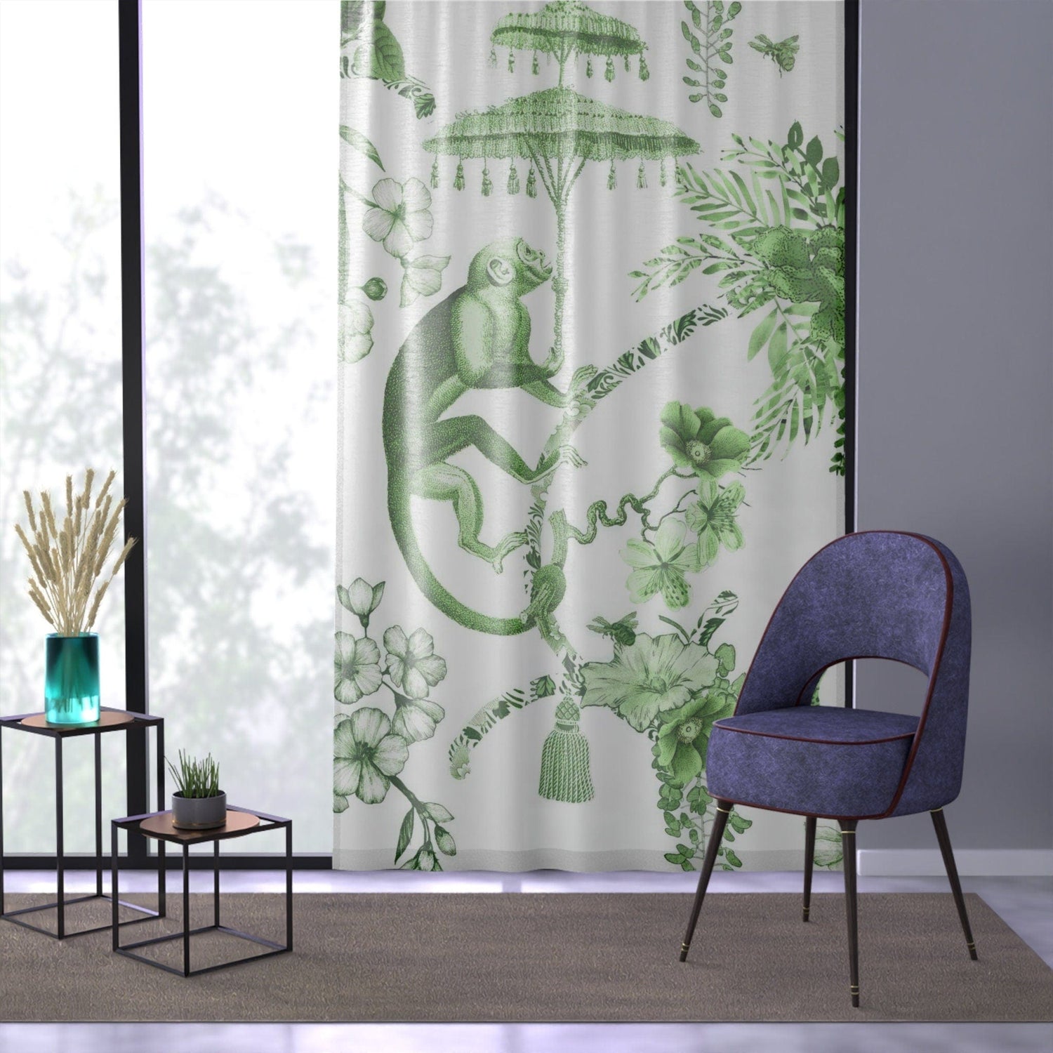 Kate McEnroe New York Chinoiserie Jungle Botanical Toile Window Curtains, Green, White Chinoiserie Floral Curtain Panels, Country Farmhouse Decor - 122481123Window CurtainsW3D - MON - OYG - SH3