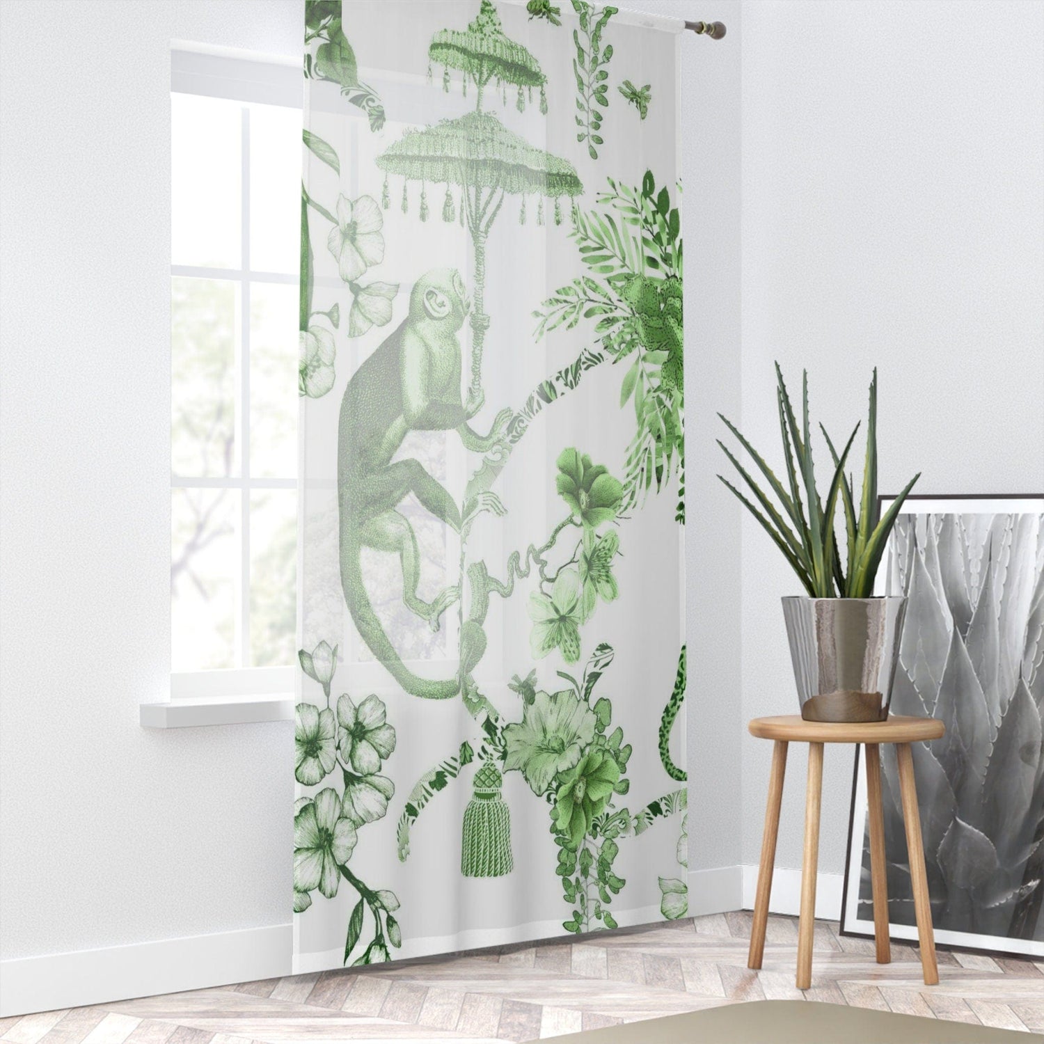 Kate McEnroe New York Chinoiserie Jungle Botanical Toile Window Curtains, Green, White Chinoiserie Floral Curtain Panels, Country Farmhouse Decor - 122481123Window CurtainsW3D - MON - OYG - SH3