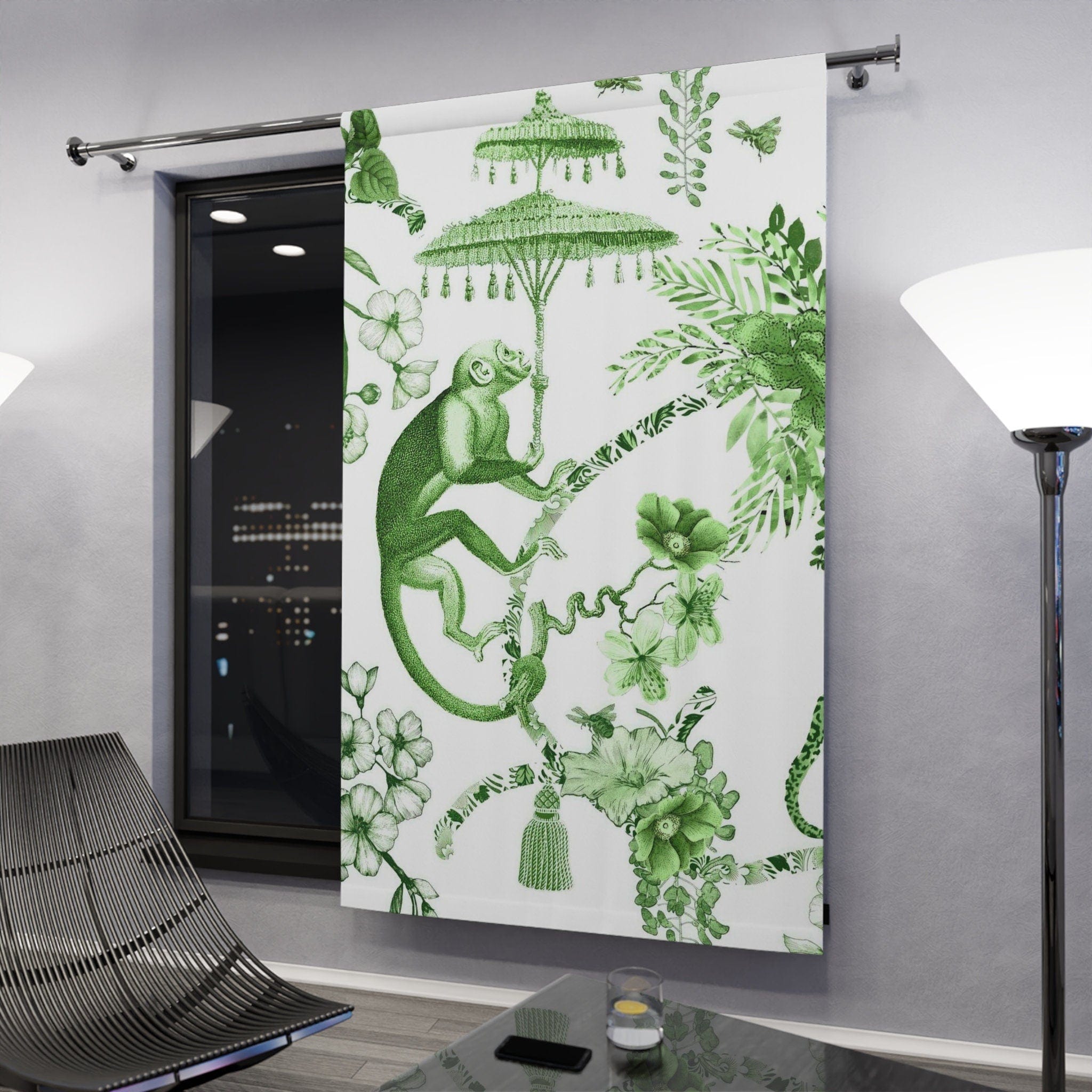 Kate McEnroe New York Chinoiserie Jungle Botanical Toile Window Curtains, Green, White Chinoiserie Floral Curtain Panels, Country Farmhouse Decor - 122481123Window CurtainsW3D - MON - OYG - SH3