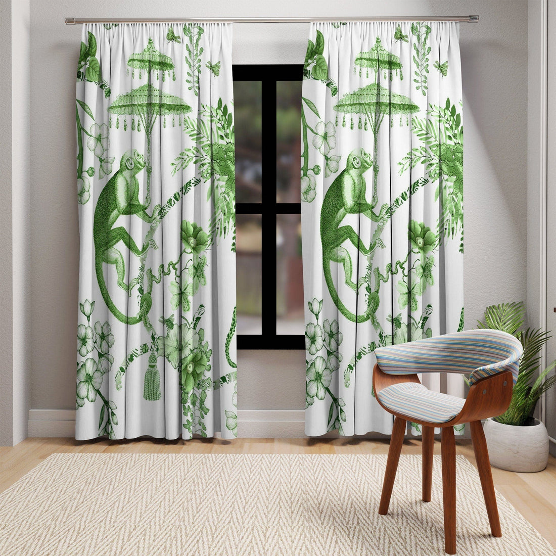 Kate McEnroe New York Chinoiserie Jungle Botanical Toile Window Curtains, Green, White Chinoiserie Floral Curtain Panels, Country Farmhouse Decor - 122481123Window CurtainsW3D - MON - OYG - SH3