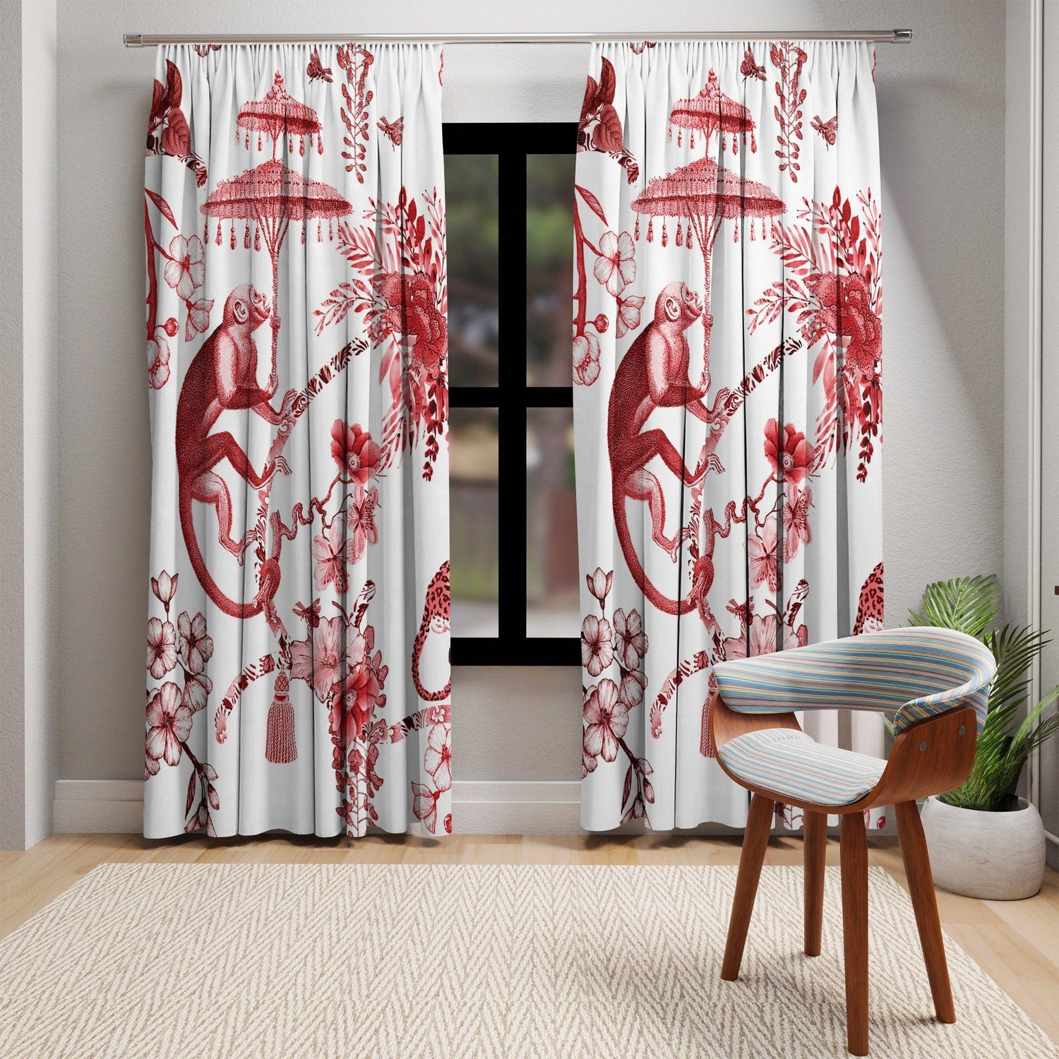 Kate McEnroe New York Chinoiserie Jungle Botanical Toile Window Curtains, Red, White Chinoiserie Floral Drapes, Country Farmhouse Decor - 131482623 Window Curtains