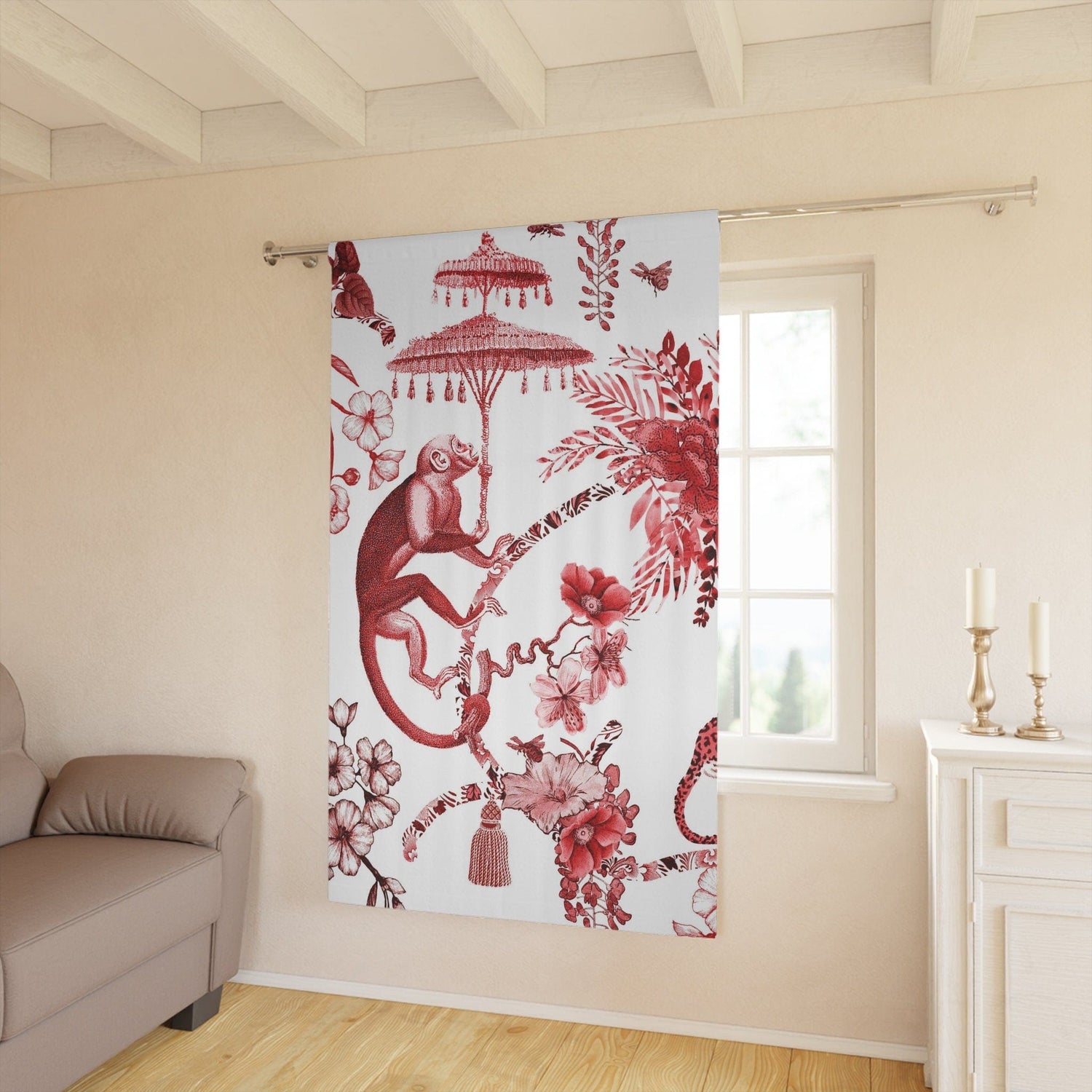 Kate McEnroe New York Chinoiserie Jungle Botanical Toile Window Curtains, Red, White Chinoiserie Floral Drapes, Country Farmhouse Decor - 131482623Window CurtainsW3S - CHI - RED - SH1