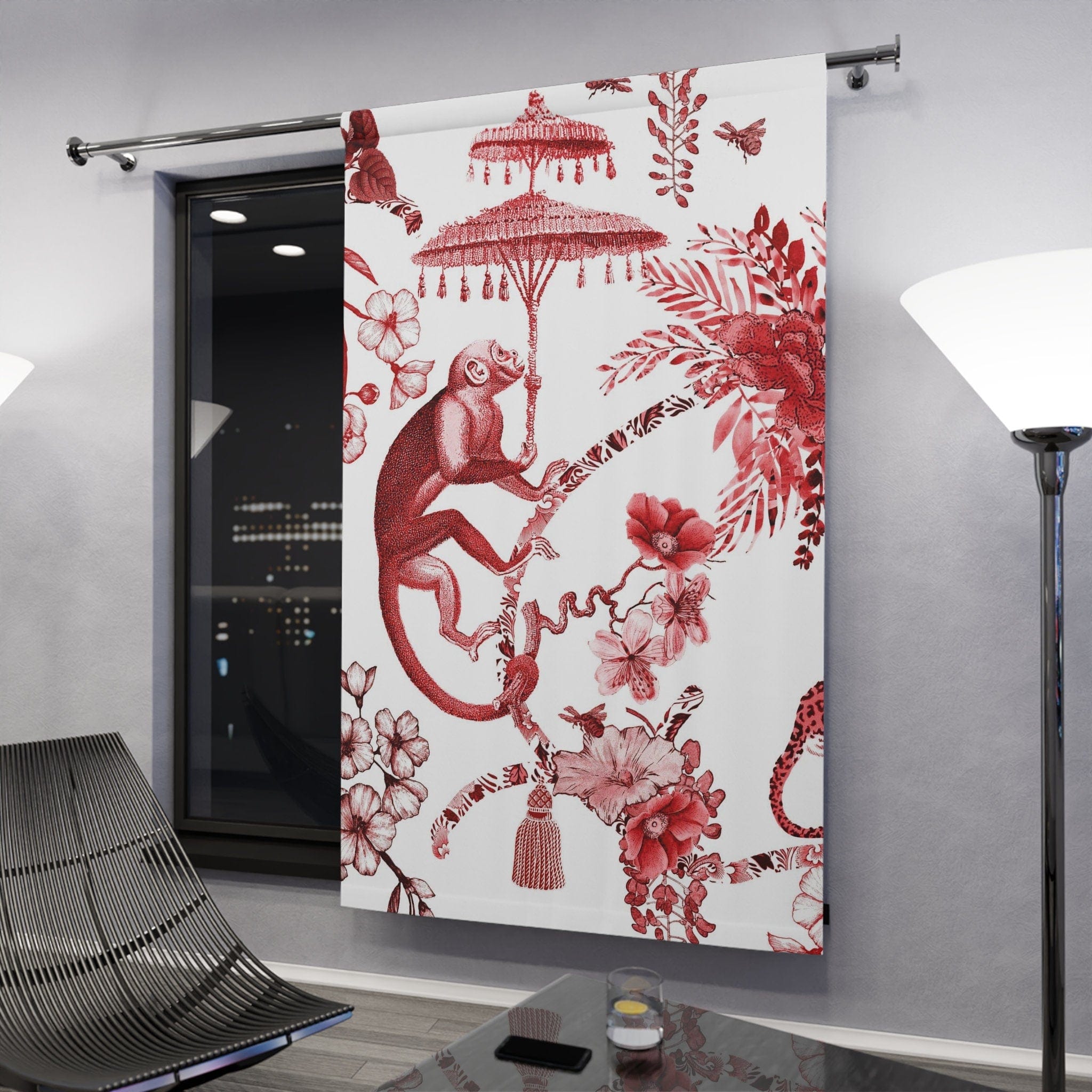 Kate McEnroe New York Chinoiserie Jungle Botanical Toile Window Curtains, Red, White Chinoiserie Floral Drapes, Country Farmhouse Decor - 131482623Window CurtainsW3S - CHI - RED - SH1