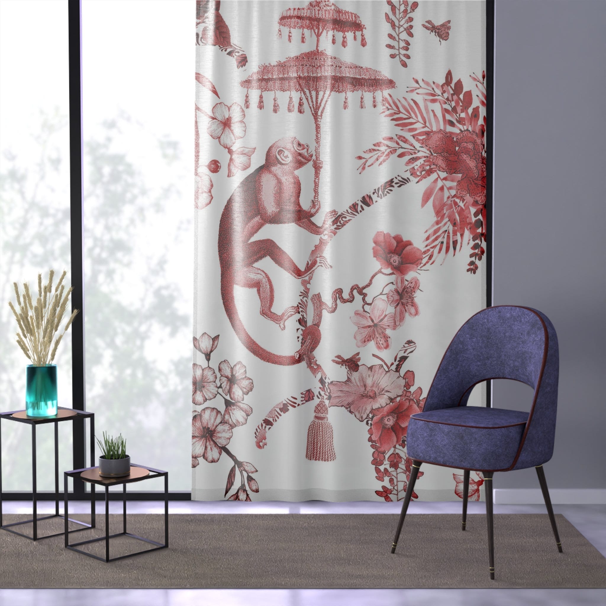 Kate McEnroe New York Chinoiserie Jungle Botanical Toile Window Curtains, Red, White Chinoiserie Floral Drapes, Country Farmhouse Decor - 131482623Window CurtainsW3S - CHI - RED - SH1