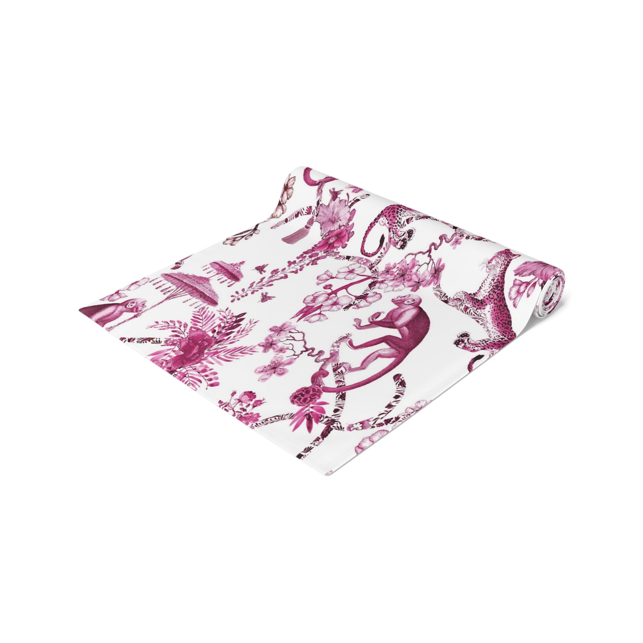 Kate McEnroe New York Chinoiserie Jungle Table Runner, Floral Pink, White Botanical Toile Country Farmhouse Table DecorTable Runners10865113506446422313