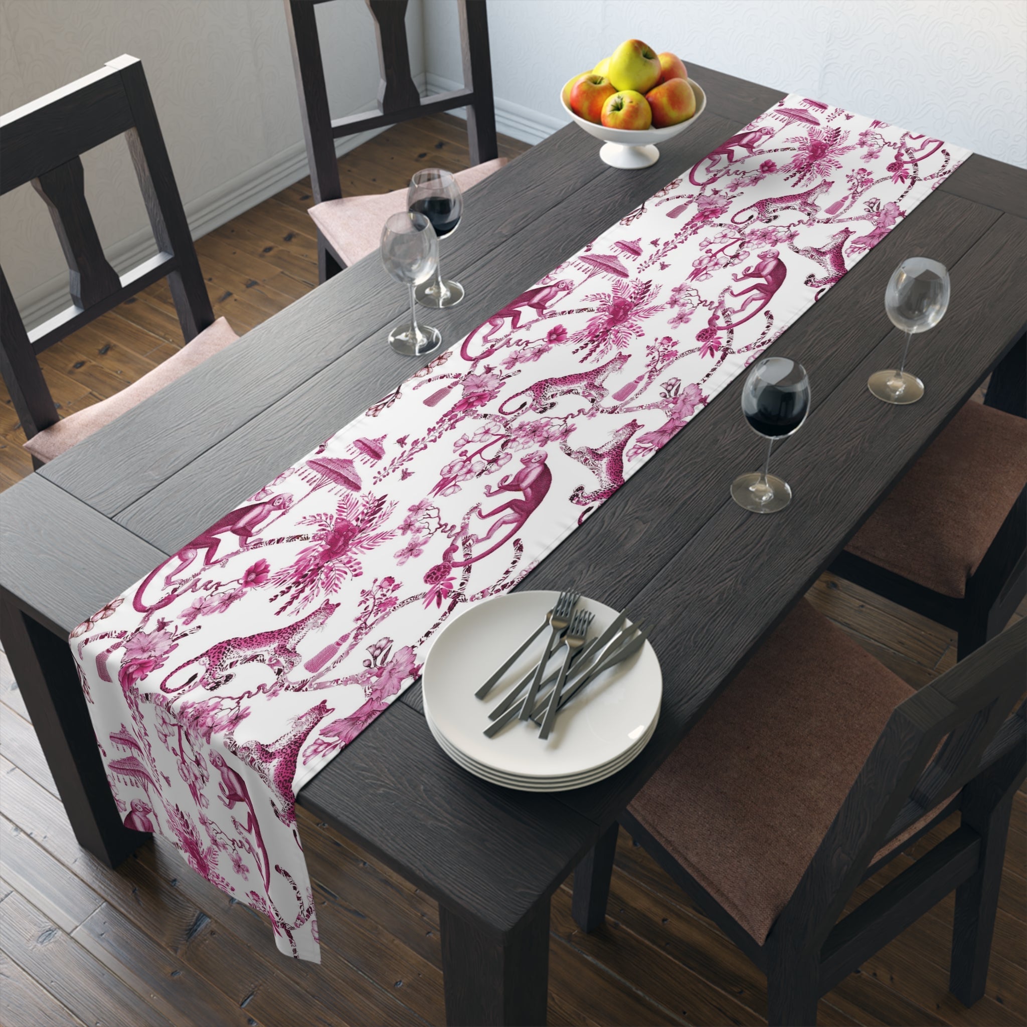 Kate McEnroe New York Chinoiserie Jungle Table Runner, Floral Pink, White Botanical Toile Country Farmhouse Table DecorTable Runners10865113506446422313