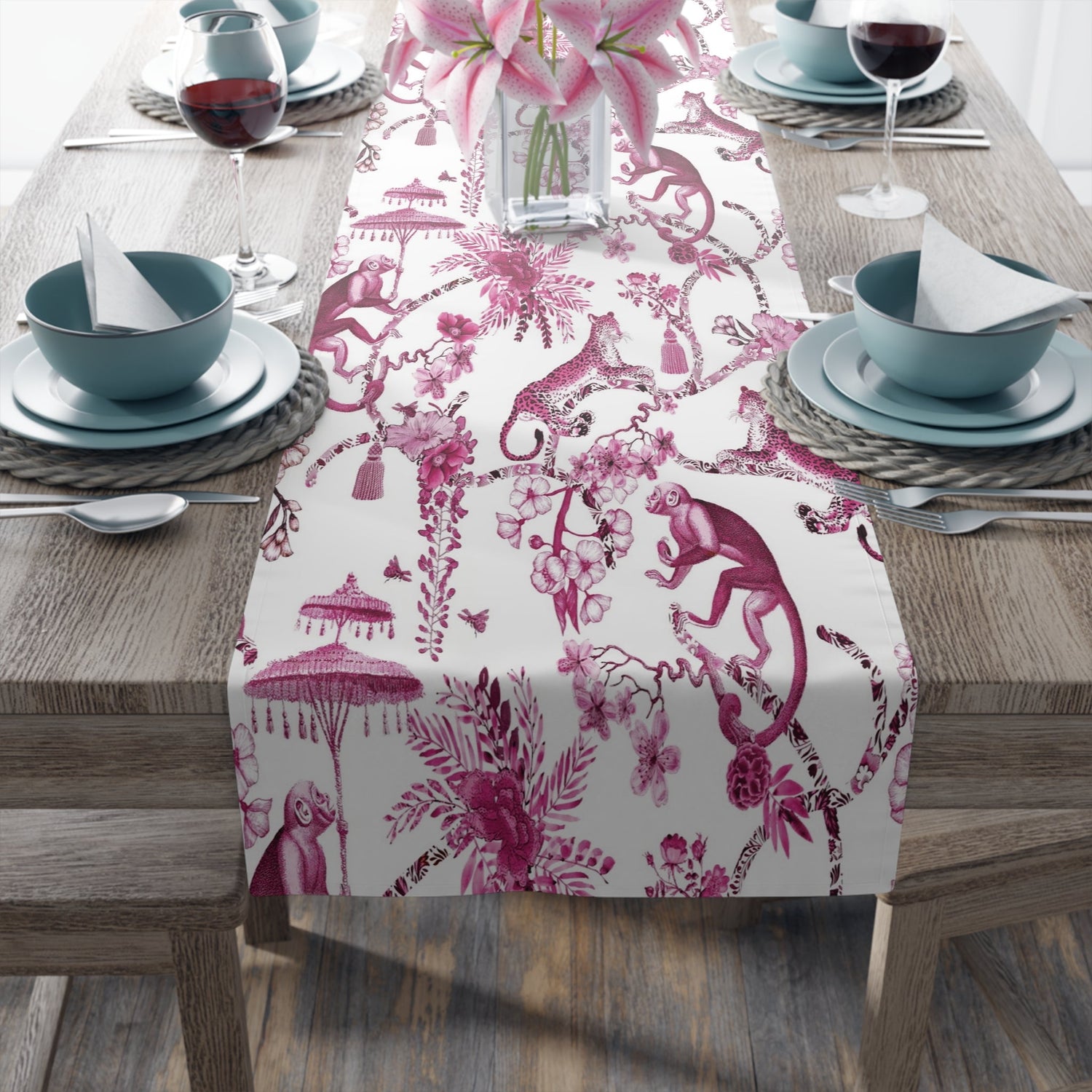 Kate McEnroe New York Chinoiserie Jungle Table Runner, Floral Pink, White Botanical Toile Country Farmhouse Table DecorTable Runners10865113506446422313