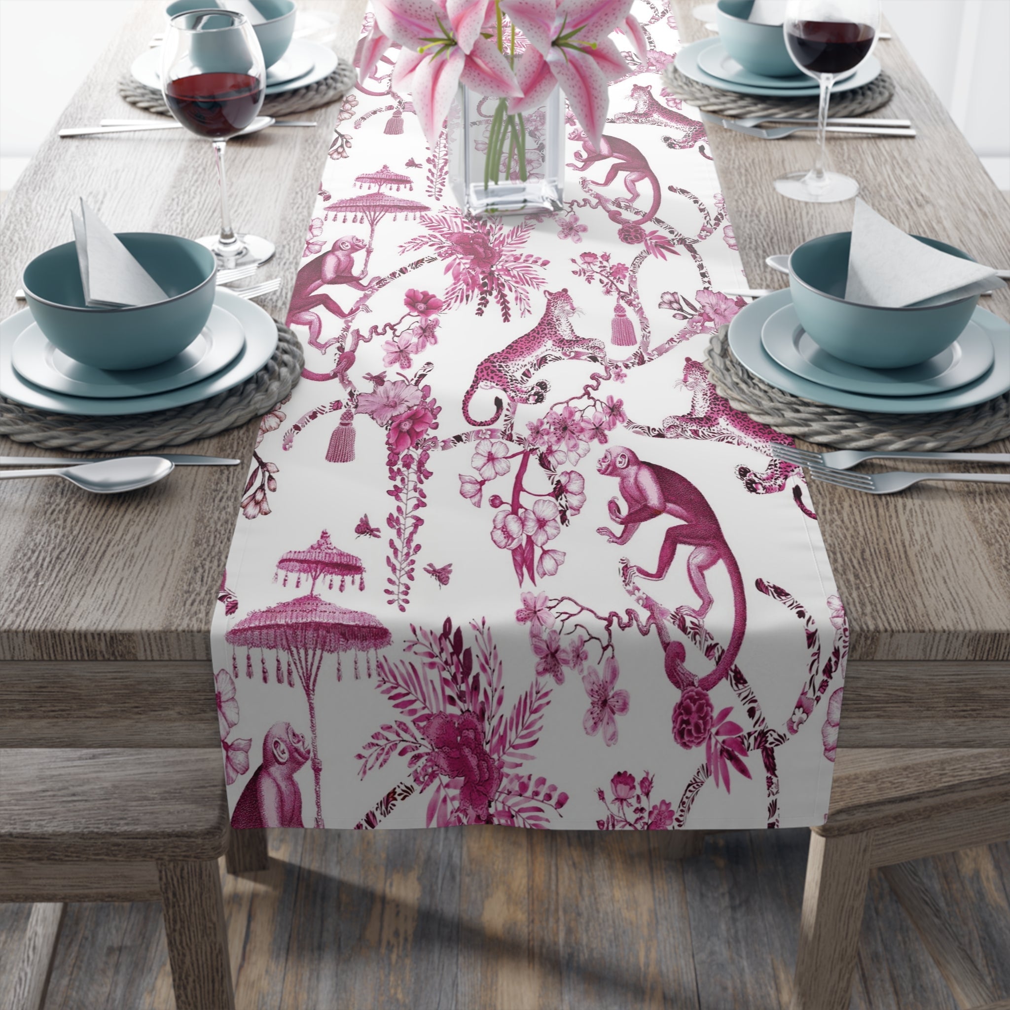 Kate McEnroe New York Chinoiserie Jungle Table Runner, Floral Pink, White Botanical Toile Country Farmhouse Table DecorTable Runners10865113506446422313