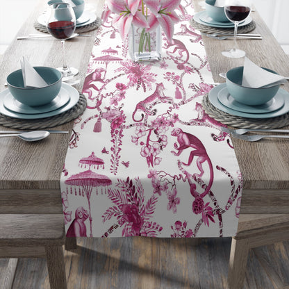 Kate McEnroe New York Chinoiserie Jungle Table Runner, Floral Pink, White Botanical Toile Country Farmhouse Table DecorTable Runners10865113506446422313